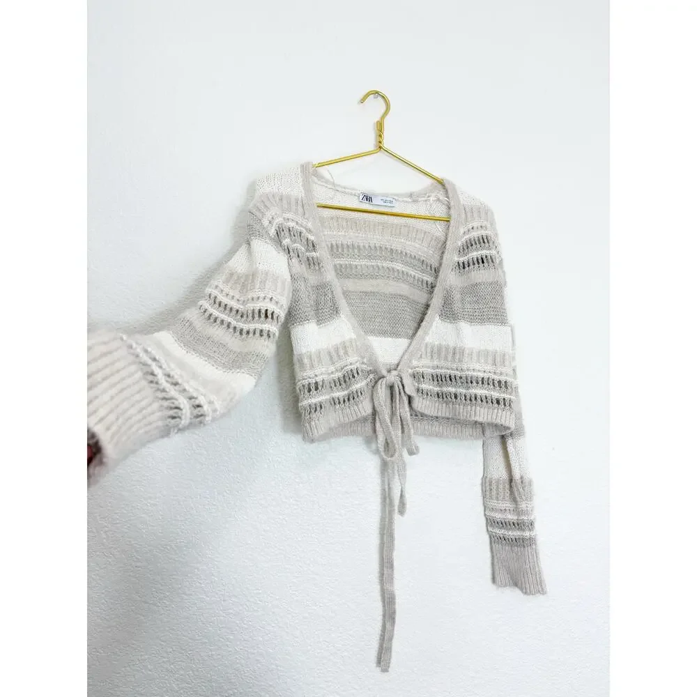 Zara Beige Knit Wrap Cropped Sweater Top Size Small 6771/005 Bohemian Chic